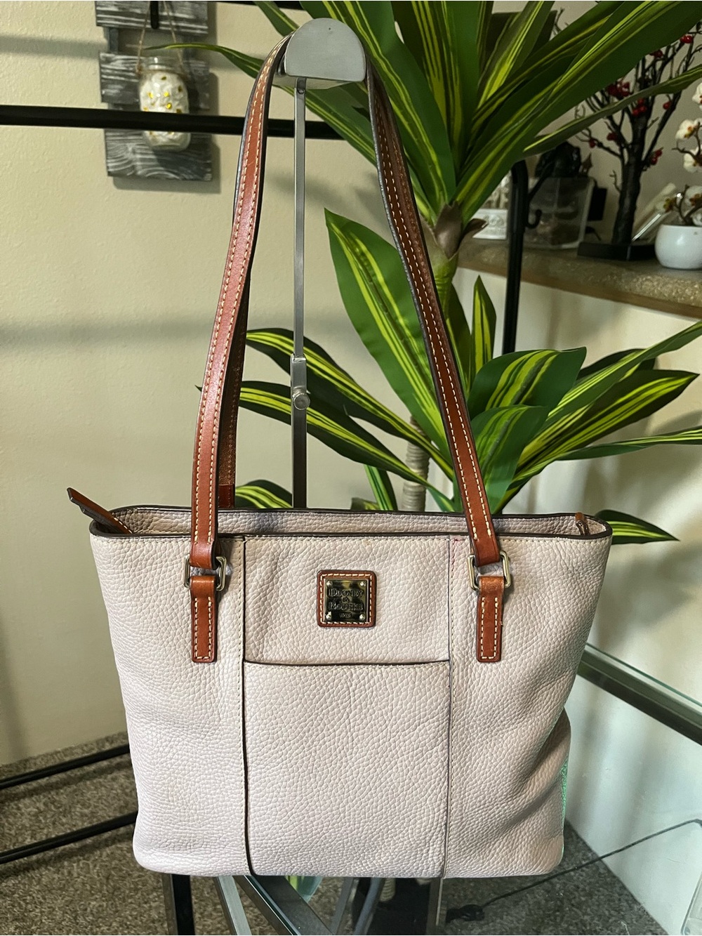Dooney & Bourke Cream Leather Tote with Brown Straps